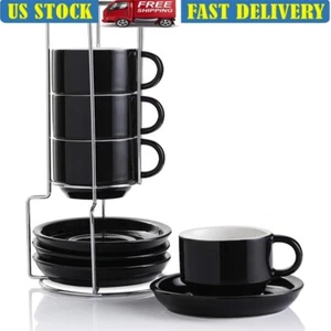 Ceramic Espresso Cups W/ Saucers Stackable Coffee Cup Set W/ Metal Stand New US - Picture 1 of 7