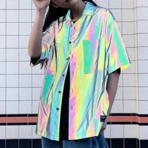 Mens Rainbow Reflective Shirt Rave Street Hip Hop Button Up Short Sleeve Top - Picture 1 of 12