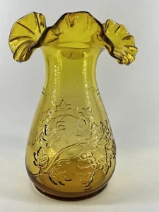 Rare Vtg Yellow Art Glass Ruffled Edge Grape Vine Vase - Picture 1 of 6