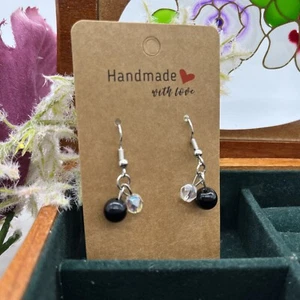 Clear Iridescent Faceted And Black Beaded Dangle Handmade Earrings #56 - Picture 1 of 4
