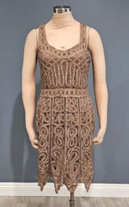 KROSHETTA By Papillon Brown Crochet Beaded Sleeveless Shift Dress L - Picture 1 of 9