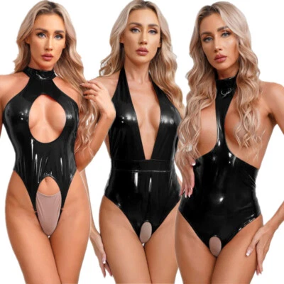 Mujer Imitación Cuero Halter Cuello Leotardo Espalda Sin Cordones Falda Body Ropa de Club Foto 1 de 2