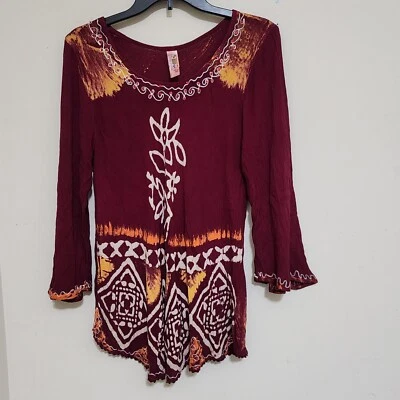 印度精品自由尺寸花卉波西米亚串珠刺绣吉普赛纱布上衣勃艮第 — 第 1/4 张图片