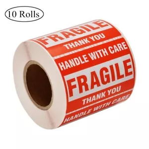 10 rollos pegatinas frágiles 2x3 mango con cuidado envío etiquetas adhesivo - Imagen 1 de 8
