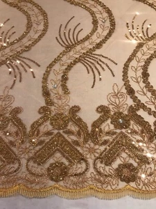 Mustard   Embroidery Sequins Lace Fabric 50” Width 1 Yard - Picture 1 of 7