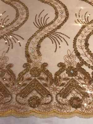 Tela de encaje con lentejuelas bordadas mostaza 50” ancho 1 yarda Foto 1 de 4