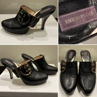 Emilio Pucci Plataforma Cuero Negro Sin Cordones, Hebilla, Tobogán, Zapatos 6.5US-AUST/36.5IT Foto 1 de 4