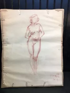 Vtg Charcoal Red Pencil Art DRAWING SKETCH Portrait Nude Woman Standing 22x17in - Picture 1 of 3