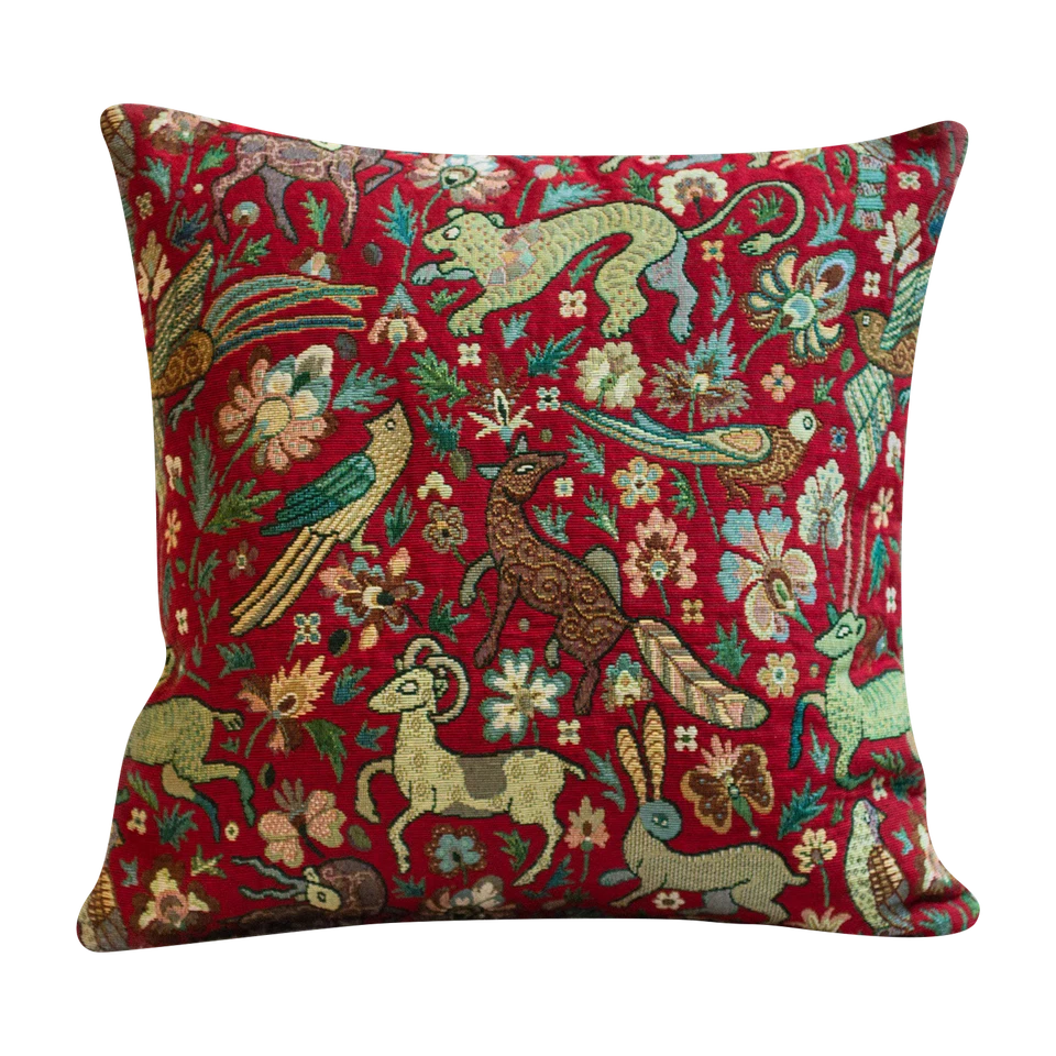 Tapestry Mythical Animals Red Cushion. Double Sided Morris Style Design. 17x17". - Image 1 of 1