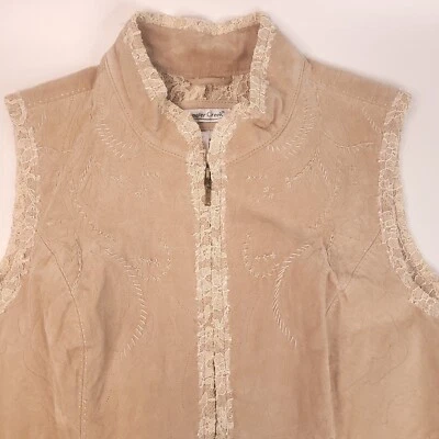 Coldwater Creek 皮革蕾丝背心女式大号花卉刺绣西部牛仔竞技场 — 第 1/4 张图片