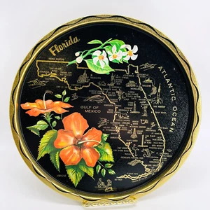 VTG 1970S FLORIDA USA SOUVENIR BLACK & GOLD METAL TRAY-TRAVEL-ORANGE BLOSSOM-MCM - Picture 1 of 8
