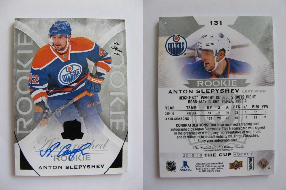 2015-16 Upper Deck The Cup Black Autographed Rookie Anton Slepyshev 1/1 auto RC - Image 1 of 1
