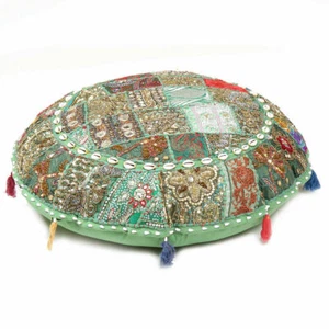 BEAUTIFUL EMBROIDERED GREEN 32" ETHNIC COTTON THROW ROUND FLOOR CUSHION COVER - Picture 1 of 4