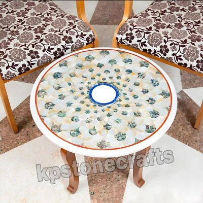 Handmade Round White Marble Inlay Tabletop 24"x24" – Lapis Lazuli, Mother of Pea - Image 1 of 4