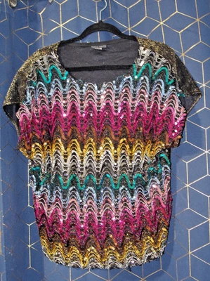 Top de mujer vintage años 80 Rio arco iris lentejuelas hecho en unión EE. UU. EN MUY BUEN ESTADO L/XL Foto 1 de 4