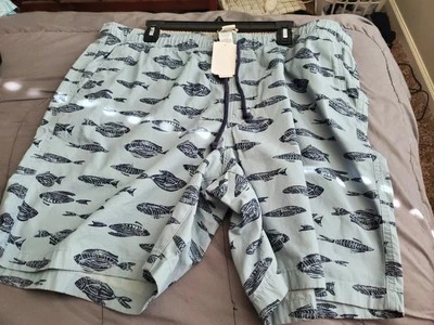 LL Bean Dock Shorts Mens XXL Blue Fish Print Drawsting 8" Inseam NEW NWT - Image 1 of 4