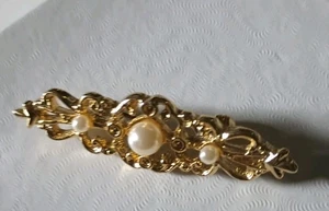 Faux Pearl Gold Tone Open Work Brooch Pin  #S14 - Picture 1 of 6