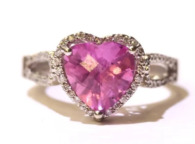 Anillo de diamantes de 0,30 quilates con halo en forma de corazón de topacio rosa de oro blanco de 14k 4,6 g Foto 1 de 4