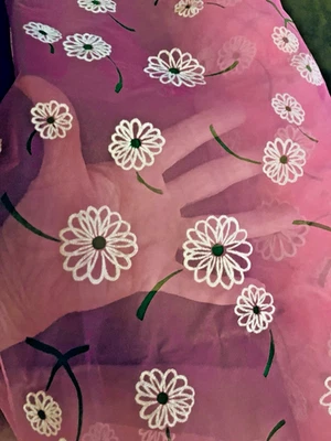 VTG Hot Pink Nylon Organza w/White Fuzzy Flocked Daisies Fresh From the Roll BTY - Image 1 of 4
