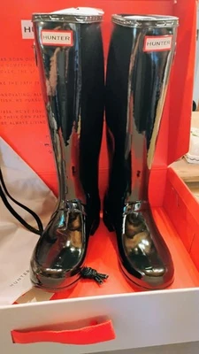 Hunter Original Botas de Lluvia Alto Brillo Para Mujer - Negras, 7 EE. UU. Nuevas en Caja  Foto 1 de 4
