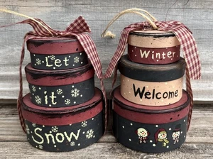 2 Christmas Tree Ornaments Stacked Boxes “Winter Welcome” “Let It Snow” Snowmen - Picture 1 of 6