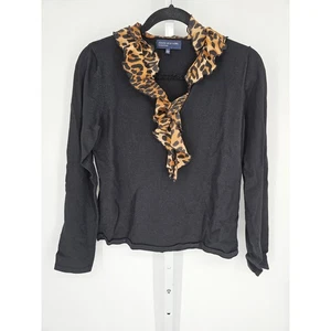 Jones New York Damen Schwarz Langarm Rüschen V-Ausschnitt Freizeit Top Gr. L - Bild 1 von 4