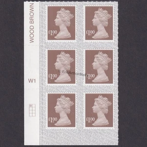 £1.00 Wood Brown Cylinder block W1 M19L - Six Machin stamps - SG U2934 GB - Picture 1 of 2