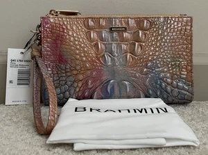 Brahmin Melbourne DAISY Large Zip Wristlet Clutch COURAGE Pastel Blue Orange NWT - Picture 1 of 12