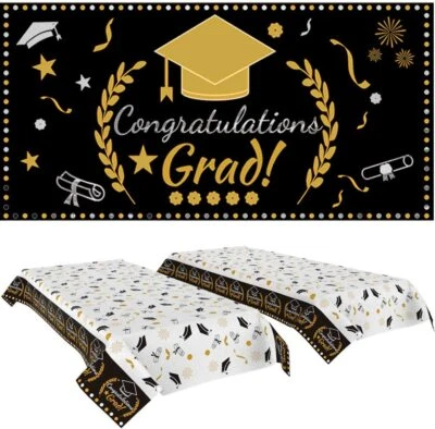Graduation Table Covers & Party Banner Set Grad Banner 70x42 Tablecloths 54x108 - Image 1 of 4