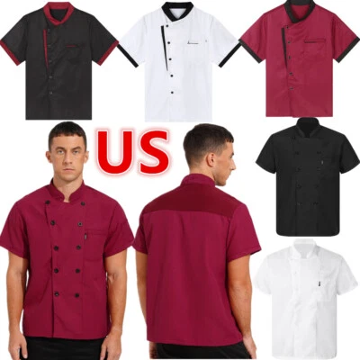 Mens Short Sleeve Chef Coat Uniform Stand Collar Jacket Canteen Uniform Shirt - Image 1 of 2