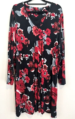 My Size Sz M Black & Red Floral Stretch Poly Long Sl Smock Dress - image 1 of 4