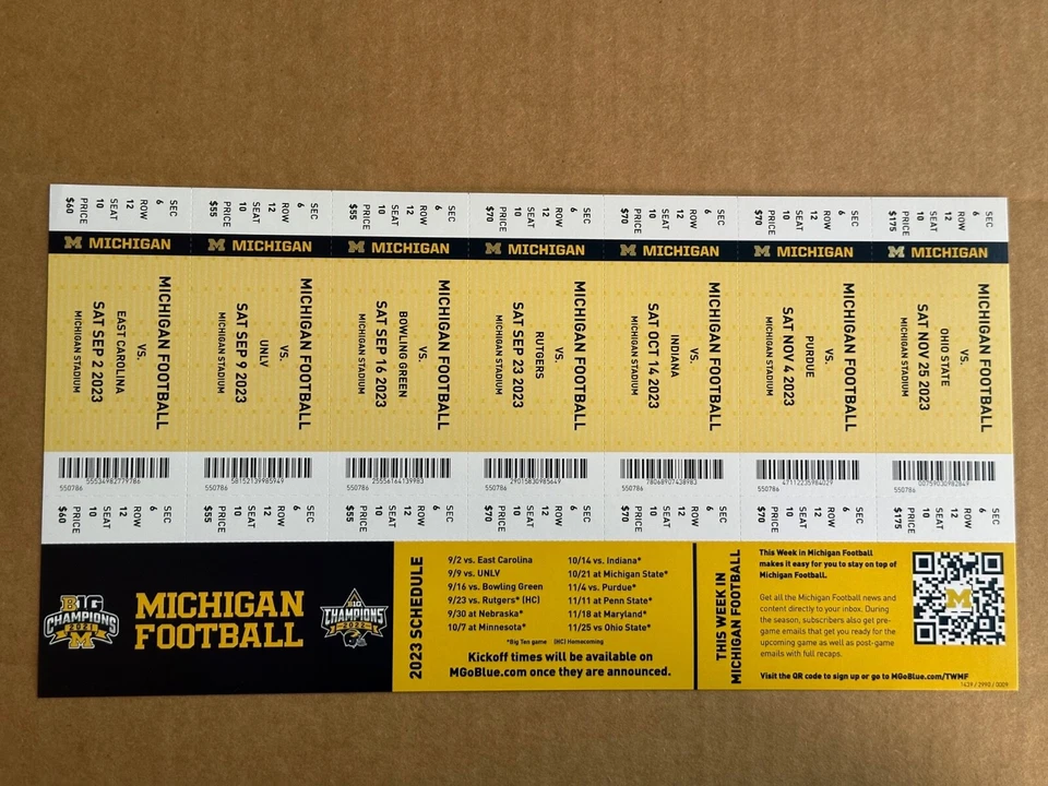 Boletos de temporada conmemorativos de fútbol americano de los Michigan Wolverines 2023 hoja de talones Foto 1 de 1