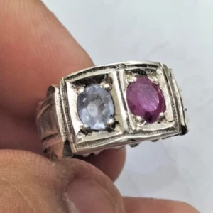 Natural Blue Ceylon Stone & Natural Ruby Stone Ring Two Stones Ring Birth Ring - Picture 1 of 5