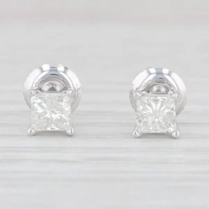 Diamond Solitaire 0.85ctw Princess Stud Earrings 14k White Gold Studs - Picture 1 of 6