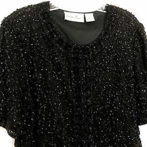 Vtg Beaded Top Cropped Short Sleeve  Jacket M Black Silk Sequin Sparkle Core - Picture 1 of 11