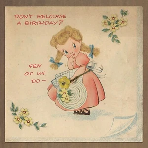 Unused Vintage 1940s White & Wyckoff BIRTHDAY Card, Big Eyes Girl Handkerchief - Picture 1 of 6