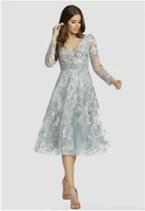 MAC DUGGAL 67540 EMBELLISHED V-NECK A-LINE TEA LENGTH  STERLING GOWN  sz 12 - Picture 1 of 4
