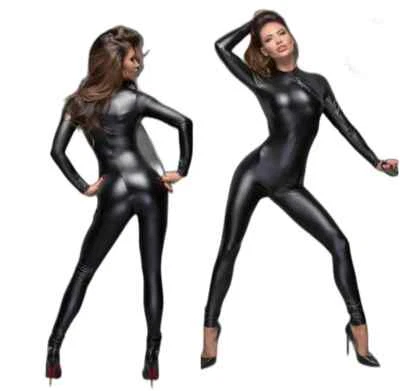 F162 Noir Handmade Bodysuit Clubwear Catsuit schwarz Overall schwarz Wetlook Neu - Bild 1 von 4