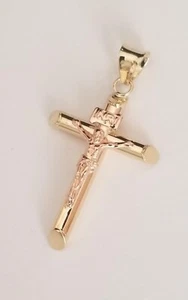 14k Gold Crucifix Religious Cross-2 Tone-INRI  Pendant for Necklace - Picture 1 of 8