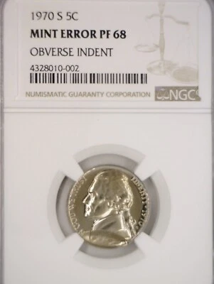 1970s ERROR INDENT NGC PROOF 68 Jefferson Nickel Coin ULTRA RARE PRF Error!  - Image 1 of 4