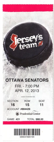 2013 DEVILS VS OTTAWA SENATORS FULL TICKET STUB 4/12/13 CRAIG ANDERSON SHUTOUT Cover