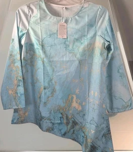 Nueva Camisa Mujer Talla Mediana Turquesa Dorado Estampado Mármol Multicolor Manga Larga - Imagen 1 de 5