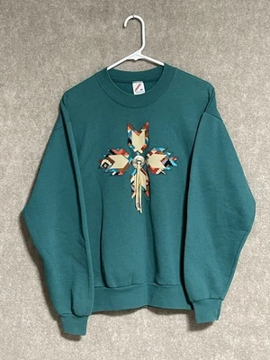 Sudadera azteca vintage JERZEES para mujer M turquesa rara flecos nativos americanos Foto 1 de 4