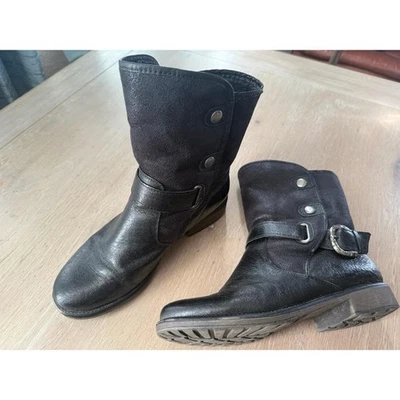 Mujeres Negro Moto Motociclista Media Pantorrilla Botas Hebilla Correa Acogedoras Forradas Edgy Foto 1 de 4