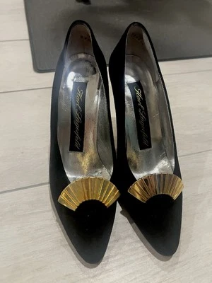 💫 Vintage Karl Lagerfeld Black Suede Heels Gold Fan Detail | Size 7 Rare Shoes - Image 1 of 4