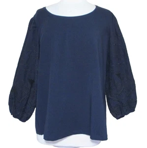 Chicos Knit Top Embellished Artisanal Puff Sleeve Women Size 3 XL Navy Blue - Picture 1 of 9
