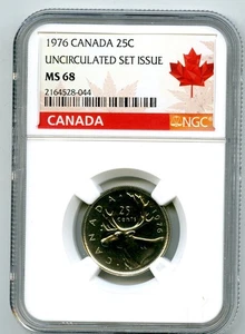 1976 CANADA 25 CENT NGC MS68 CARIBOU QUARTER RED MAPLE LEAF LABEL - Imagen 1 de 2