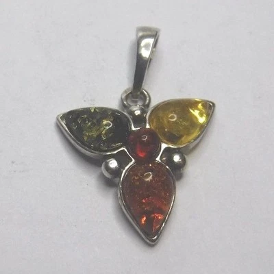 Bonito colgante ámbar de cuatro tonos de plata esterlina de 1 1/8" firmado artesanalmente en VB Foto 1 de 3