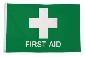 FIRST AID FLAG 5' x 3' Green with White Cross Medical Care Treatment Help Point - Picture 1 of 1