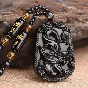 Jade Obsidian Dragon Charm Pendant Necklace Beads Cord Handmade Carved Gemstone - Picture 1 of 1